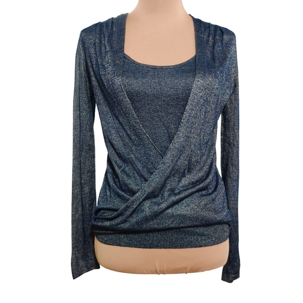 White House Black Market Womens Top WHBM Wrap Metallic Gold Shimmer Blue Size XS